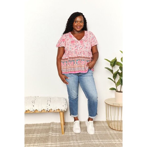 Double Take Bohemian Decorative Button Tie-Neck Peplum Blouse - Picture 4 of 14